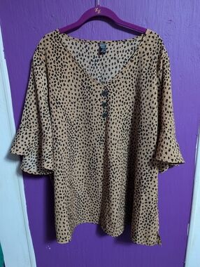Emery Rose Brown Black Leopard Print Short Ruffle Sleeve Top 5X 28